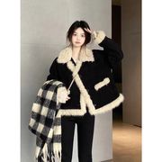 大毛领拼接棉衣女冬季法式复古高级感气质，加厚毛茸茸棉服外套