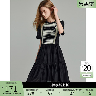法式时尚拼接连衣裙2024夏圆领(夏圆领)通勤条纹，设计感显瘦短袖蓬蓬裙