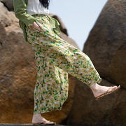 文艺复古蜡染印花民族风阔腿裤女高腰垂感棉麻夏宽松国潮显瘦裙裤