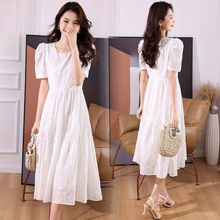 白色提花连衣裙女夏季女装2023时尚法式高级感小众短袖长裙