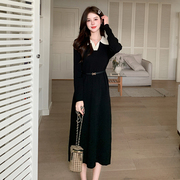 法式黑色长裙套装春秋季女小外套气质收腰显瘦长袖针织polo连衣裙