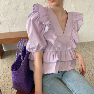 泡泡袖上衣女v领紫色衬衫，设计感小众夏季2020宽松短袖雪纺衫