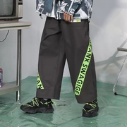 genanx闪电潮牌字母荧光绿织带，宽松直筒休闲裤男女同款深灰色