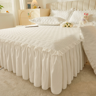 纯色夹棉床笠加床裙款二合一体，单件白色床罩床围裙保护套四季通用