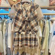 商场品牌折扣女装森女系田园风格子裙子夏季收腰假两件连衣裙7806