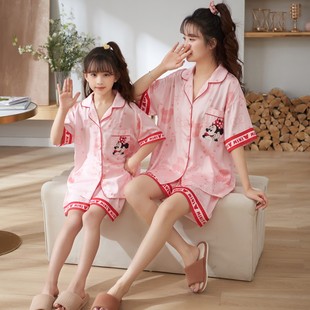 亲子母女睡衣夏季冰丝，真丝绸短袖薄款女童，卡通翻领空调家居服套装