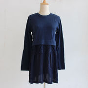 日本原单蕾丝(单蕾丝)雪纺，拼接针织连衣裙毛衣套衫，圆领长袖藏蓝色中长款