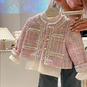 女童时尚秋季外套2023童装，短款儿童洋气甜美粉色系小香风上衣