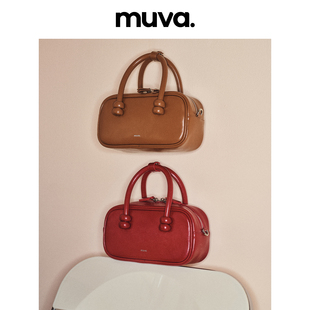 muva原创2023波士顿红色包包，手提包女春夏时尚，百搭真皮斜挎包