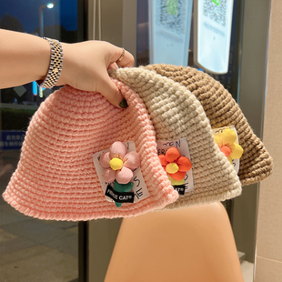 韩国单粗钩针花朵儿童秋冬渔夫帽，手工毛线帽男女童出游造型帽子潮