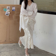 Ac人鱼之泪 珠绣亮片重工白色包臀半身裙 设计感优雅鱼尾裙