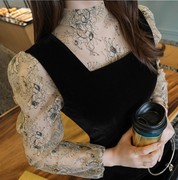 韩国attrangs蕾丝刺绣打底衬衫透视立领气质迷人长袖雪纺衫女