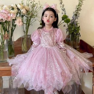 女童满天星粉色亮片星星泡泡袖23女宝宝韩版钢琴公主裙礼服裙