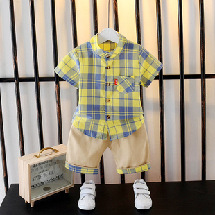 男宝宝短袖衬衫套装夏装，男童t恤1一3-4岁潮，婴儿衣服小童格子衬衣