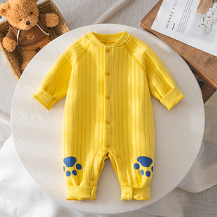 宝宝秋季薄棉衣服婴儿，外出保暖连体衣超萌可爱新生儿夹棉哈衣黄色