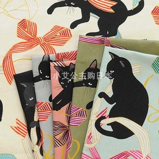 日本进口quiltgate黑猫和缎带复刻烫金，和风和服装日式纯棉拼布料