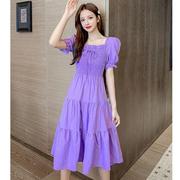今年流行紫色裙子棉绸格子方，领短袖连衣裙女夏季收腰拼接过膝长裙