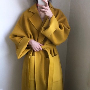 韩国chic设计款绑带翻领，长款姜黄色(姜黄色，)罕见外套宽松毛呢大衣