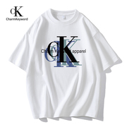 charmkeyword短袖男t恤2024美式夏季体恤，白色纯棉宽松上衣k