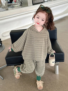 女童套装2023秋季儿童洋气连帽条纹韩版时髦运动哈伦裤两件套