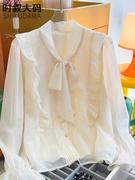 大码法式系带蝴蝶结长袖衬衫女装秋季设计感小众蕾丝雪纺上衣