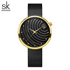 时尚女士石英手表创意纹胜刻网带金属圆形黑色金色普通国产腕表