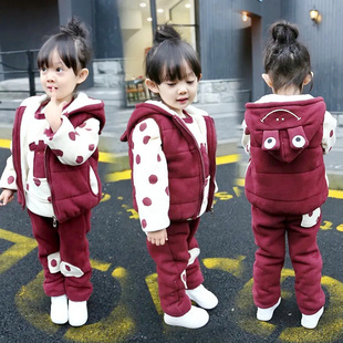 韩版洋气男女童卫衣套装，加绒加厚宝宝三件套婴，儿童外套带帽秋冬季