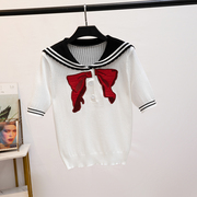 学院风海军领T恤蝴蝶结刺绣白色短袖2024夏季薄款套头时尚减龄女