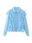 wmxz夏季2410341翻领，荷叶边叠层雪纺蓝色长袖衬衫，2410341