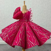 跨境儿童玫红色礼服不规则设计公主裙亮片蓬蓬裙演出服装工厂