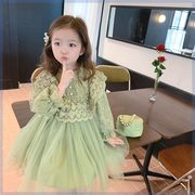 女童连衣裙秋装2023韩版高端蕾丝公主裙洋气小女孩紫色长袖网纱裙