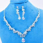 韩版新娘合金水钻水晶高端时尚完美耳环项链锆石三件套饰品婚