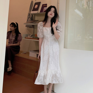 爱丽丝领证小白裙，法式复古方领白色修身蕾丝，连衣裙150小个子长裙