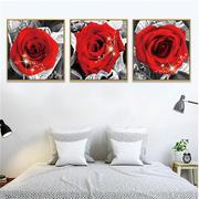 跨境墙画北欧现代唯美红色玫瑰花卉三联客厅卧室无框装饰画画芯