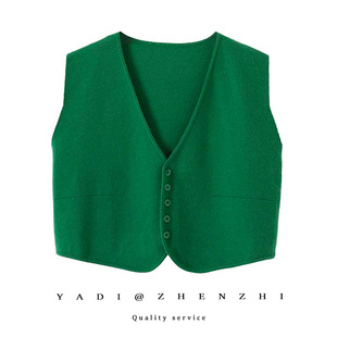 春秋季简约时尚马甲工字型下摆不规则背心设计感绿色针织毛衣马夹