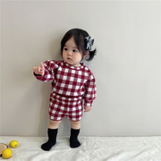 ins韩国童装秋冬季宝宝针织毛衣，套装婴幼儿灯笼袖，格子上衣+短裤子