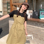 cherrykoko2024夏季韩版拼接撞色短袖连衣裙，女收腰工装裙休闲中裙