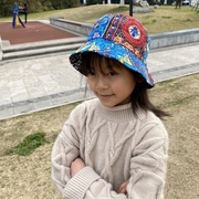 蓝印花布双面儿童帽子棉麻，可折叠布帽春夏遮阳帽民族，风花布儿童帽