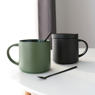 北欧简约磨砂陶瓷马克杯，带盖勺办公室咖啡杯子复古茶杯大容量水杯