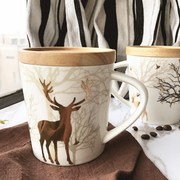 大容量陶瓷杯创意欧式金色麋鹿马克杯带盖早餐杯办公水杯子咖啡杯