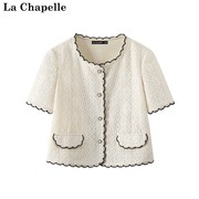 拉夏贝尔/La Chapelle夏季圆领小香风蕾丝短外套法式开衫上衣
