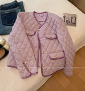 香芋紫色小香风菱格棉服女2022冬季轻薄奶甜美棉衣短外套
