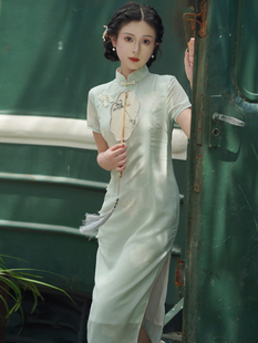 绿色小清新雪纺，印花旗袍2023年夏季新中式年轻款，少女连衣裙