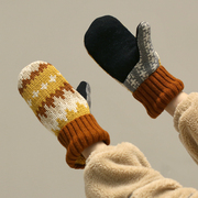 复古chic加厚加绒保暖羊毛毛线，手套女冬季保暖连指骑车防寒设计感