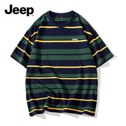 jeep吉普纯棉短袖t恤男士，夏季薄款圆领，条纹体恤撞色凉感上衣服男