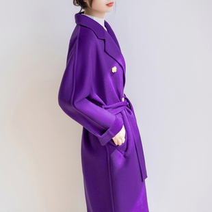 紫色西装领双排扣双面，呢羊毛大衣中长款女系带宽松手工羊绒外套冬
