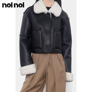 nolnol皮毛一体外套女秋冬小个子，短款黑色夹克，设计感保暖毛毛皮衣