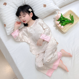 女童睡衣2024春秋国风，真丝套装中小童女宝宝家居服款式两件套