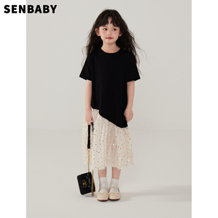 senbaby女童连衣裙儿童夏装裙子女孩，韩版不规则短袖，t恤拼纱休闲裙