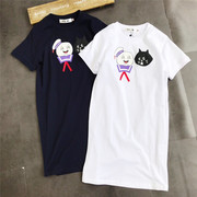 日本 夏季 惊讶猫 海军风卡通 纯棉短袖中长款T恤裙连衣裙 女